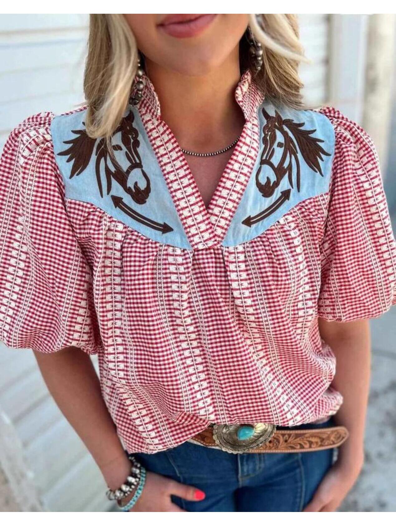 Thml Prairie Horse Gingham Puff Sleeve Blouse Size S Nwt